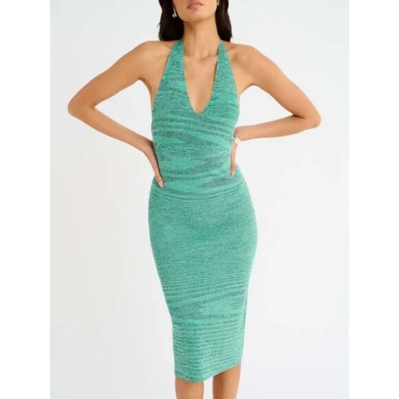 Rumored Clothing L Bodycon Dress Midi Everglade Green Riptide Open Back Summer - Picture 3 of 7